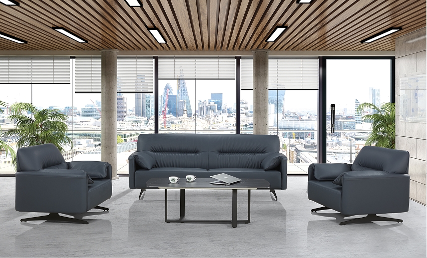 Dark Blue Upholstered Three-Seat Office Lounge Sofa
