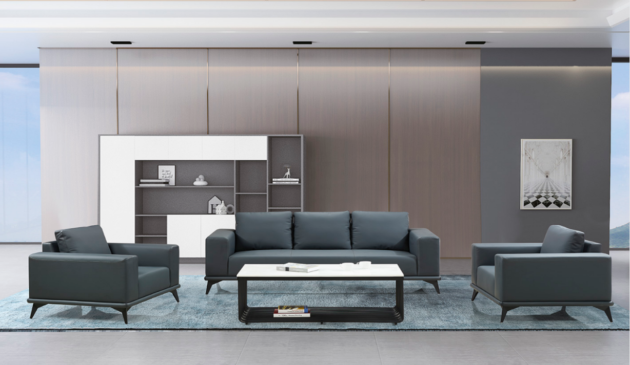 Modern Dark Gray Faux Leather 1+1+3 Lounge Seating Set with White-Top Coffee Table