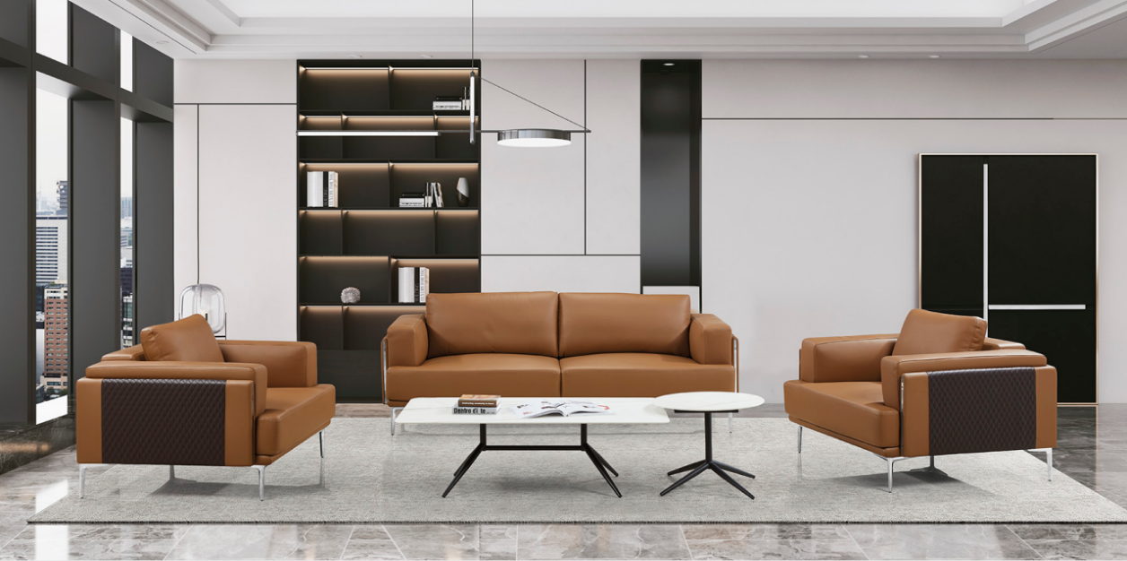 Caramel Leather Two-Seat Reception Sofa with Matching Armchairs and Coffee Tables Set