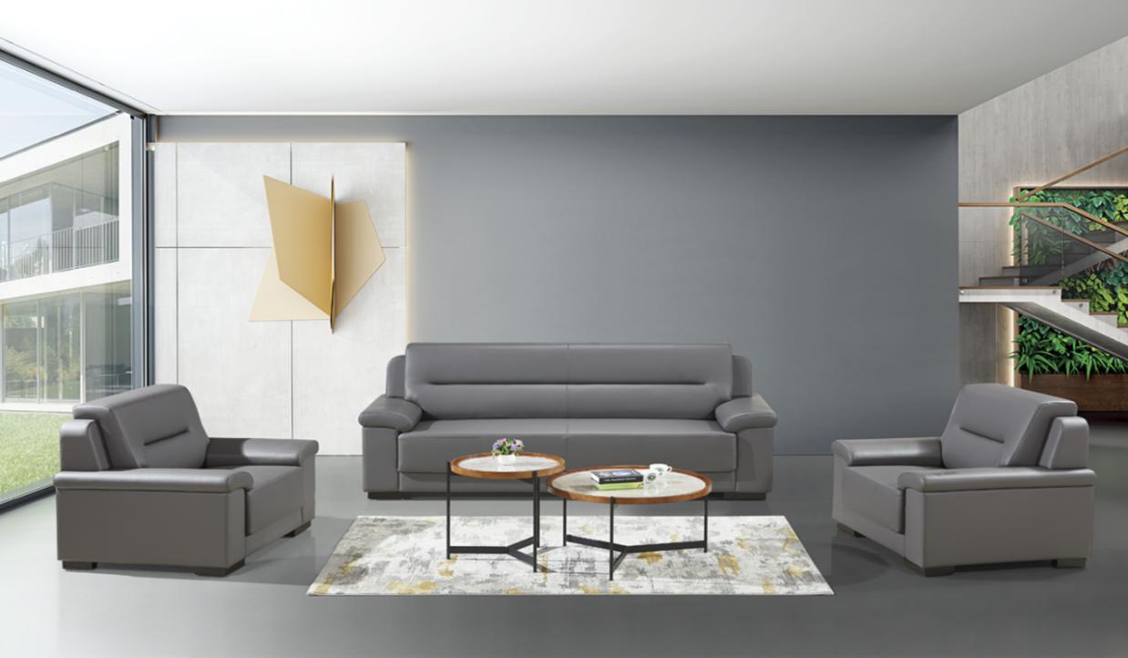 Gray Upholstered Reception Sofa Set with Round Coffee Tables