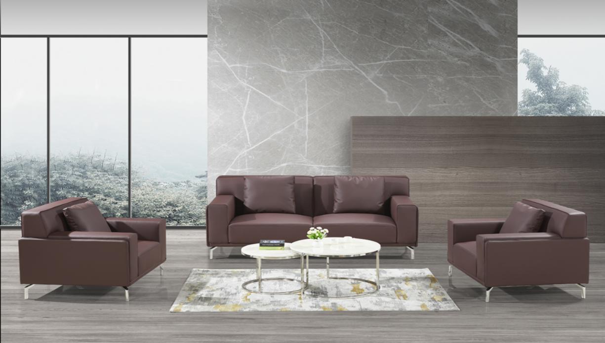 Modern Brown Leather Office Sofa Set with Two Armchairs and Nested Coffee Tables