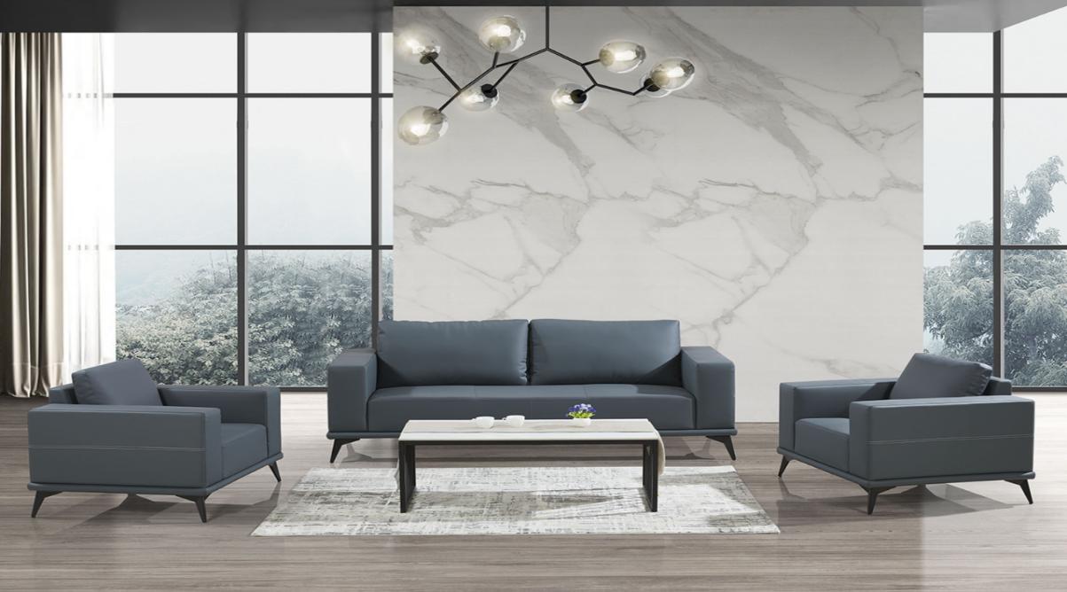 Five-Piece Slate Blue Leather Reception Sofa Set with Coffee Table