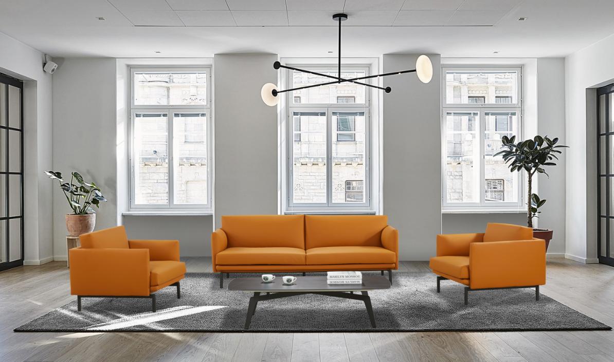 Three-Piece Orange Upholstered Lounge Seating Set with Coffee Table