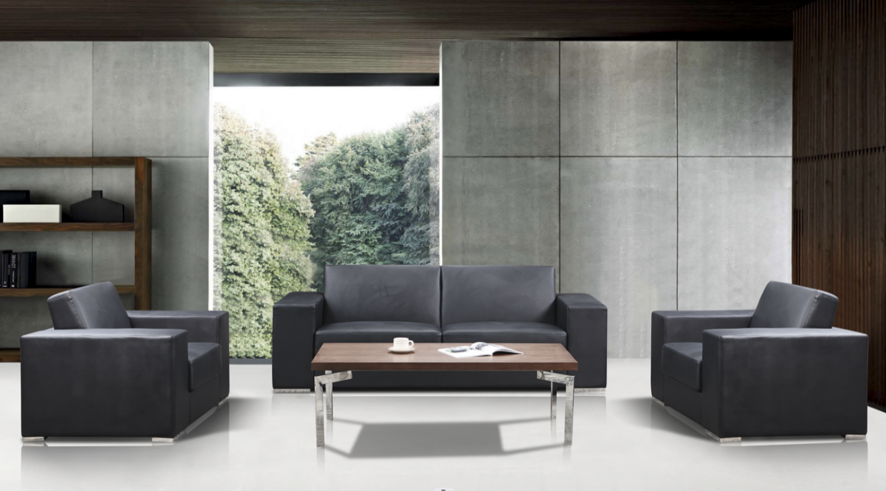 Black Leather Reception Sofa Set with Walnut Coffee Table
