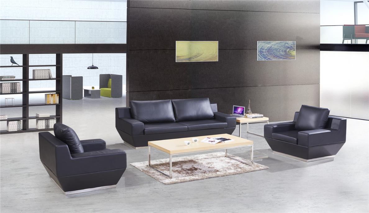 Black Leather Office Reception Sofa Set with Coffee Table and Side Table