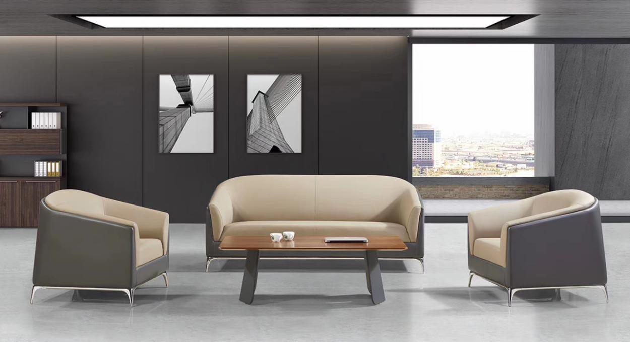 Curved Two-Tone Leather Reception Sofa Set with Coffee Table