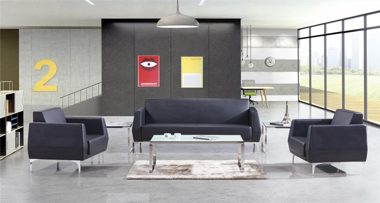Black Faux Leather Reception Sofa Set with Glass-Top Metal Tables
