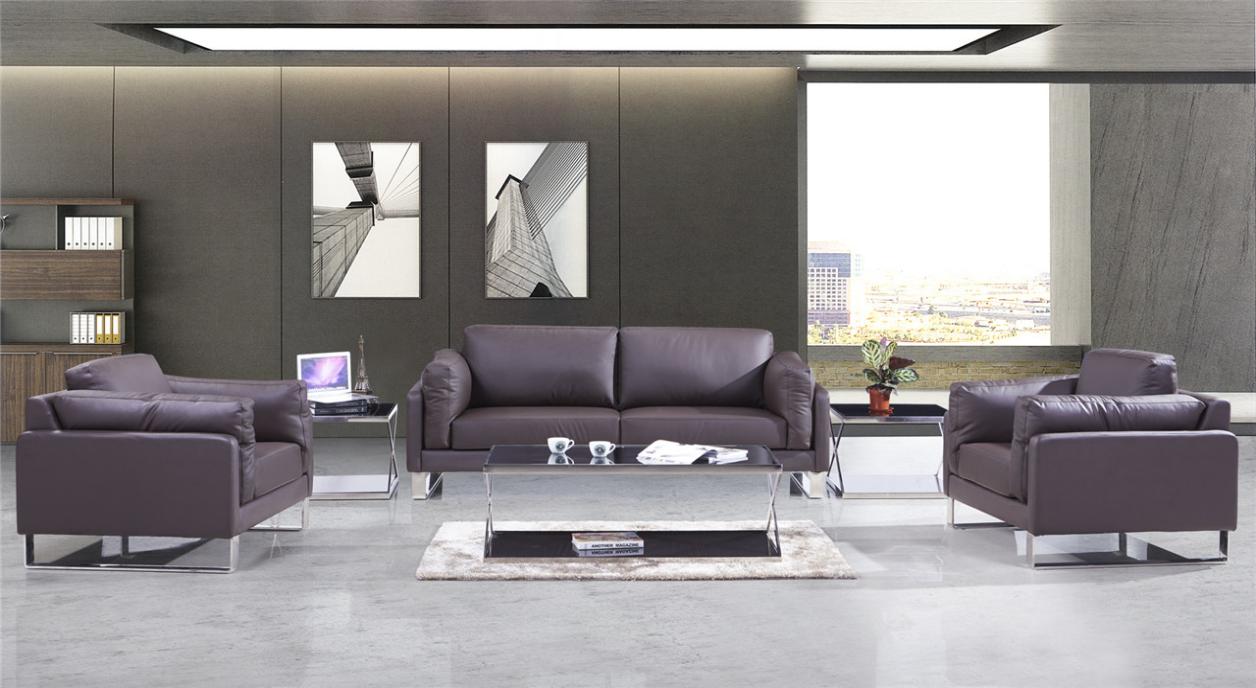 Contemporary Dark Brown Faux Leather Lounge Sofa Set with Glass-Top Coffee and Side Tables