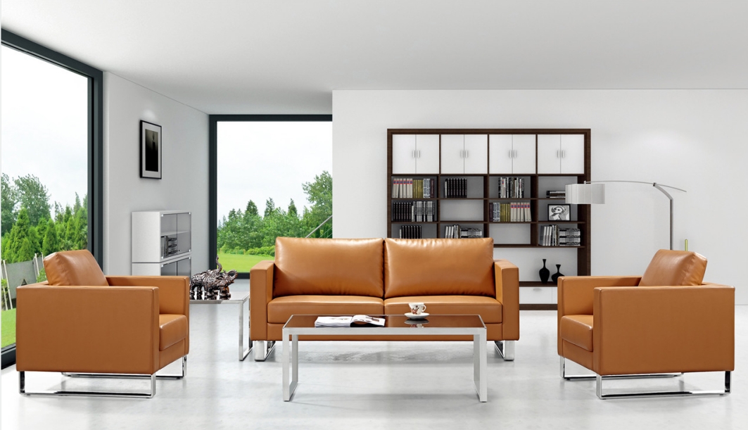 Cognac Leather 3-Piece Reception Sofa Set with Glass Coffee Table