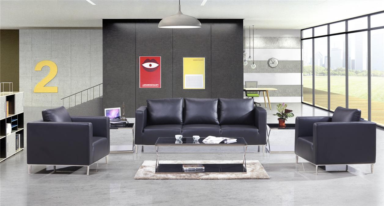 Black Faux Leather Three-Seat Reception Sofa with Matching Armchairs