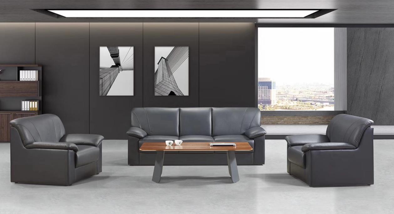 Black Leather Three-Piece Executive Reception Lounge Set with Coffee Table
