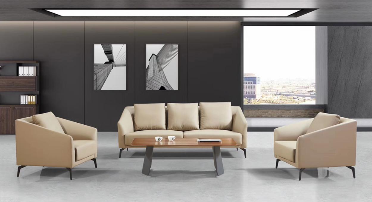 Three-Piece Beige Upholstered Reception Sofa Set with Walnut Coffee Table