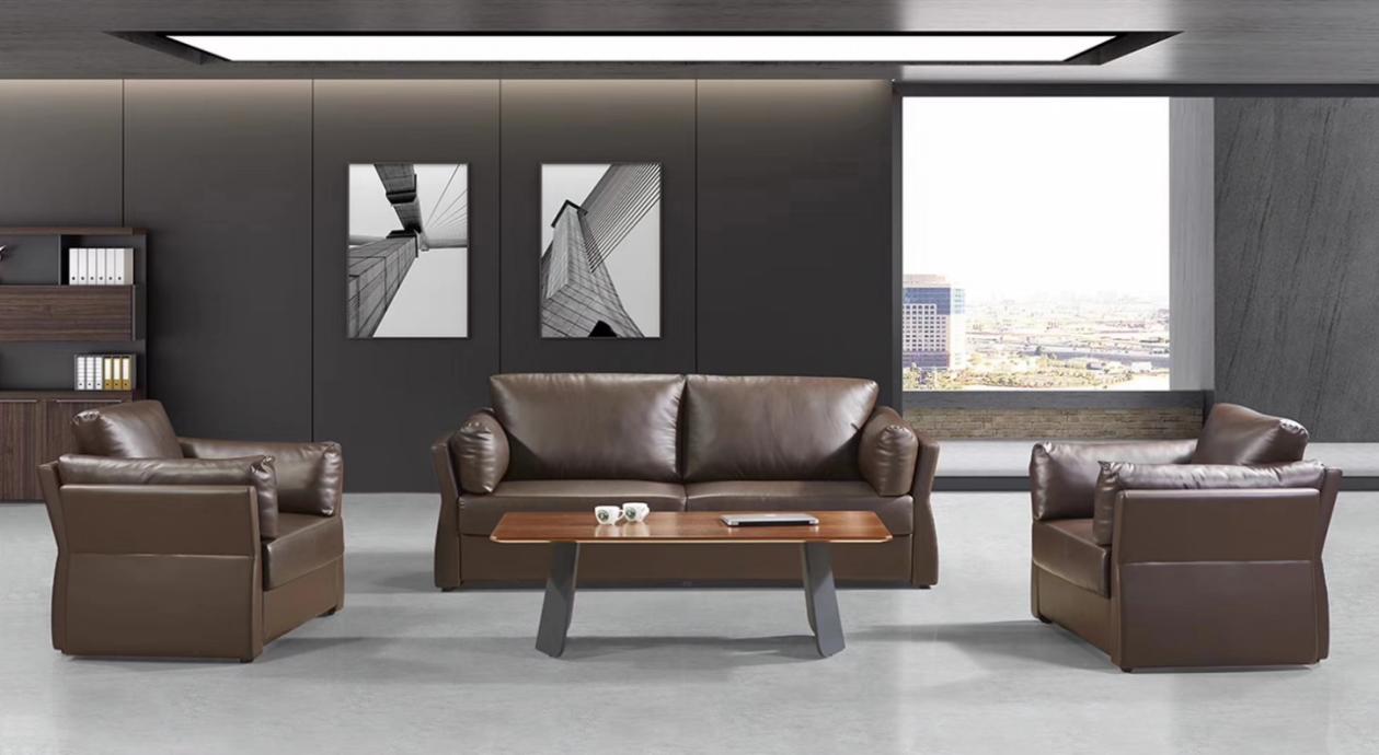 Brown Leather Reception Sofa and Lounge Chair Set with Coffee Table