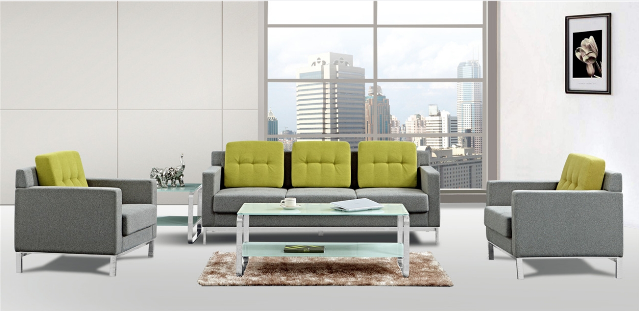 Modern Fabric Reception Sofa Set with Glass Coffee and End Tables