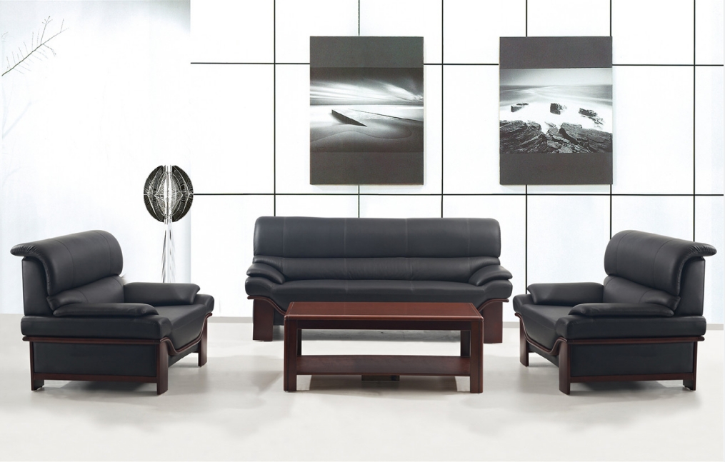 Black Leather Reception Sofa Set with Wooden Coffee Table