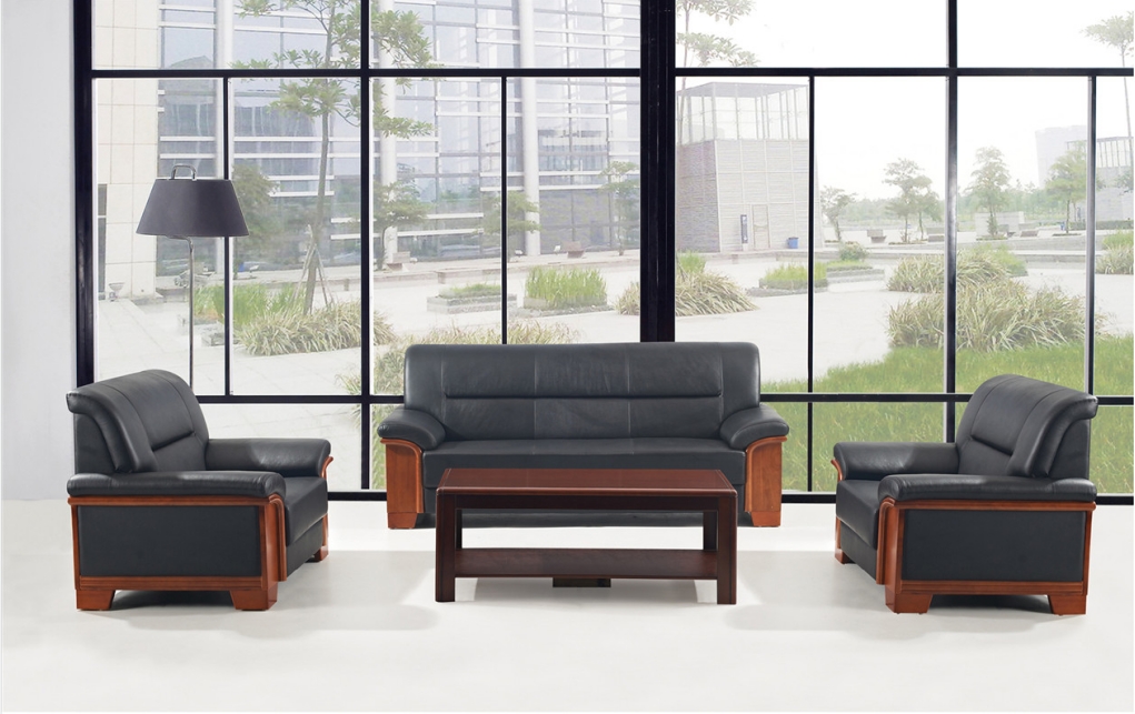 Black Leather Reception Sofa Set with Wooden Trim and Coffee Table