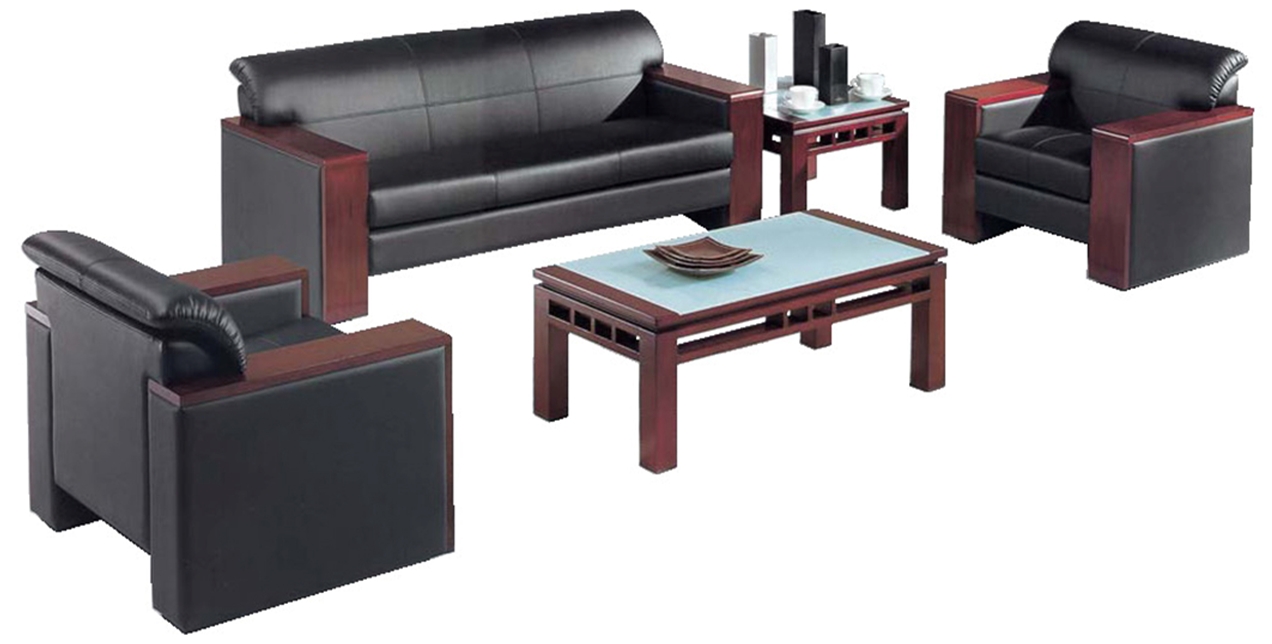 Black Faux Leather and Reddish-Wood Reception Seating and Table Set