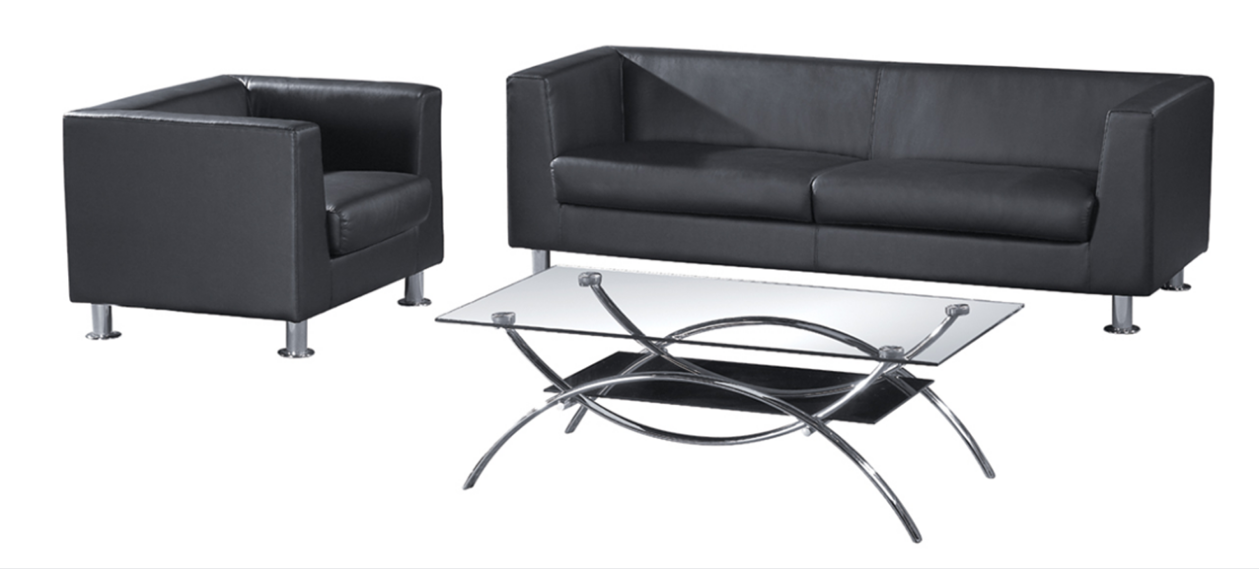 Black Faux Leather Office Reception Sofa Set with Glass Coffee Table