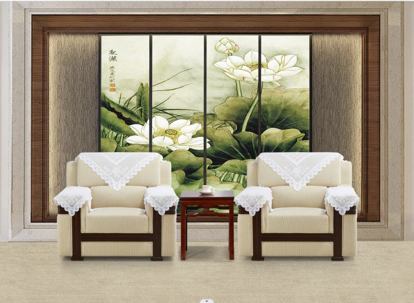 Reception Seating Set with Two Upholstered Armchairs and Dark Wood Side Table