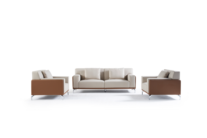Modern Two-Tone Leather Reception Sofa Set, 3-Seater and Two Armchairs