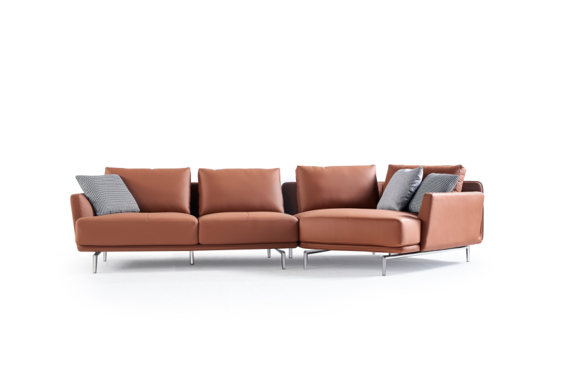 Cognac Leather L-Shaped Three-Seat Sectional Sofa