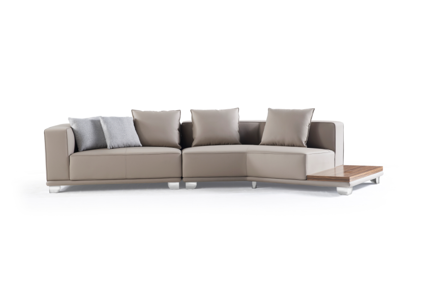 Curved Taupe Upholstered Sectional Sofa with Right Wood Shelf