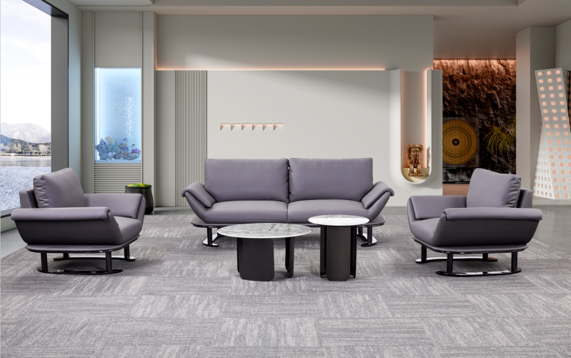 Gray Upholstered Two Seat Sofa with Two Lounge Armchairs and Marble Look Coffee Tables