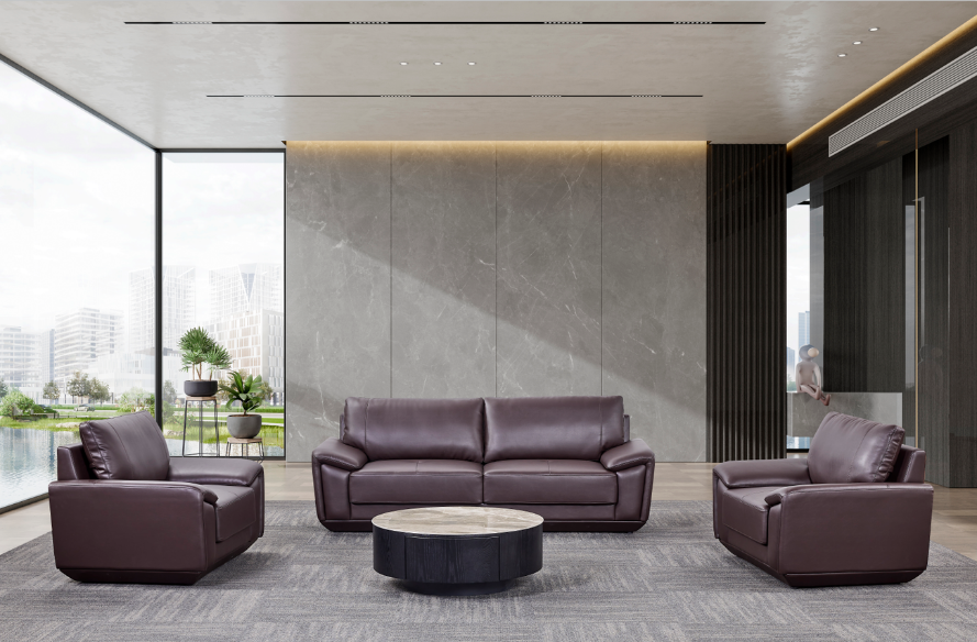 Contemporary Dark Brown Leather Lounge Sofa Set with Round Coffee Table