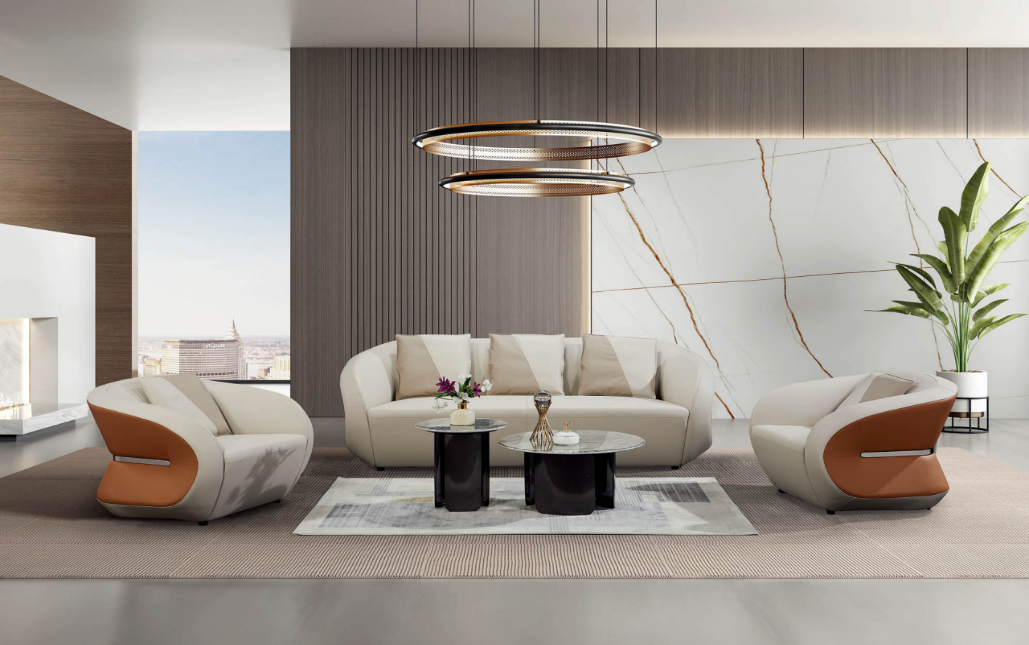 Curved Upholstered Three-Seat Sofa with Matching Lounge Armchairs and Round Coffee Tables