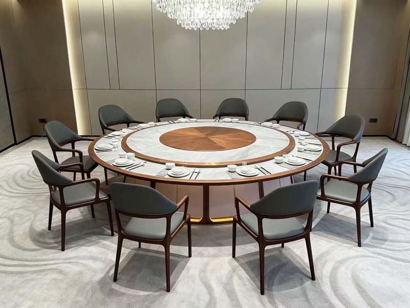 Round Marble-Veneer Banquet Dining Table with Lazy Susan and Twelve Upholstered Armchairs