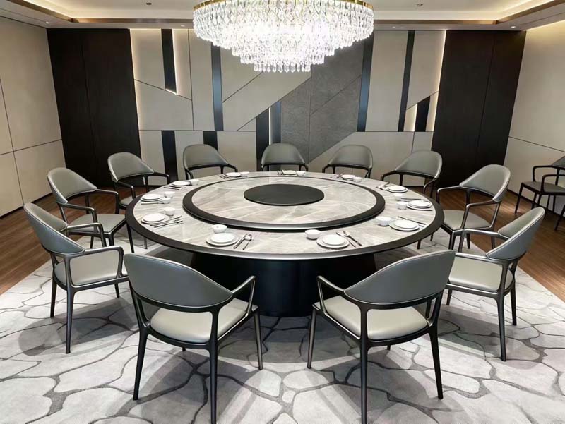 12-Seat Round Stone-Top Banquet Dining Table with Lazy Susan
