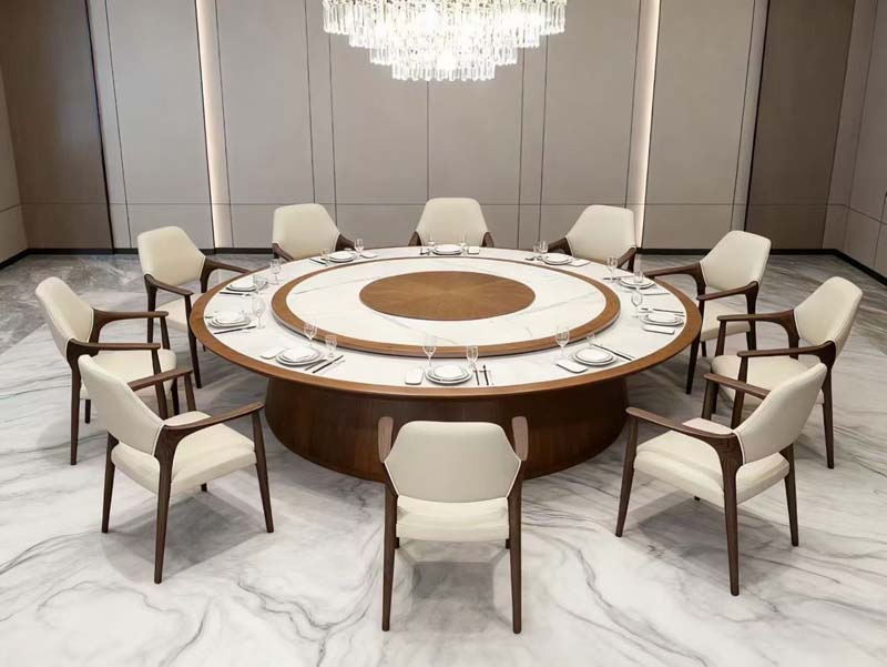 12-Seat Round Banquet Dining Table with Central Lazy Susan and Upholstered Armchairs