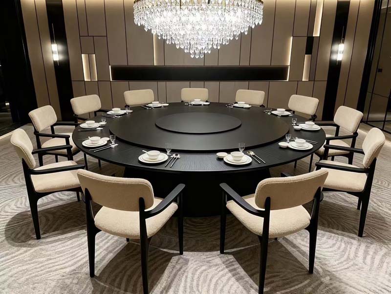 12-Seat Circular Black Lacquered Banquet Dining Table with Central Lazy Susan and Upholstered Armchairs