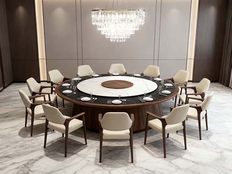 Round Banquet Dining Table with Lazy Susan and 12 Upholstered Armchairs