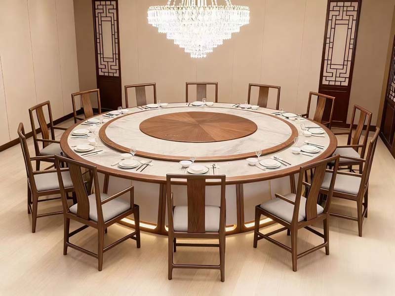 Round Marble-Effect Banquet Dining Table with Wooden Lazy Susan and Upholstered Armchairs