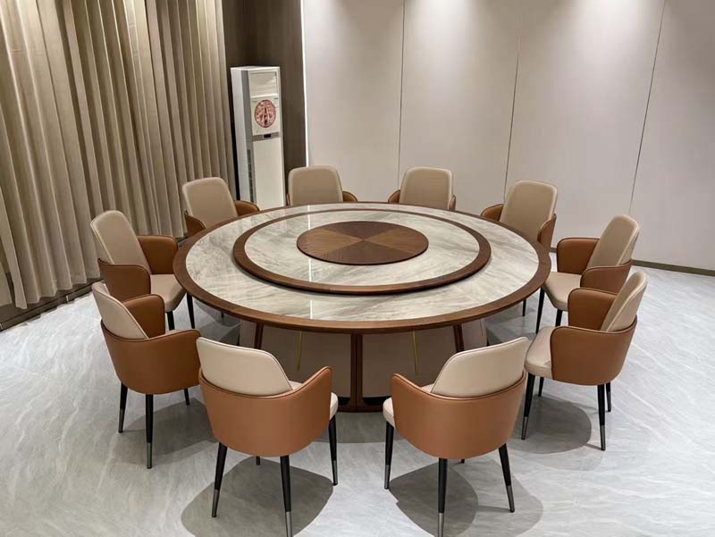 Round Marble-Look Dining Table with Lazy Susan and Ten Upholstered Dining Chairs