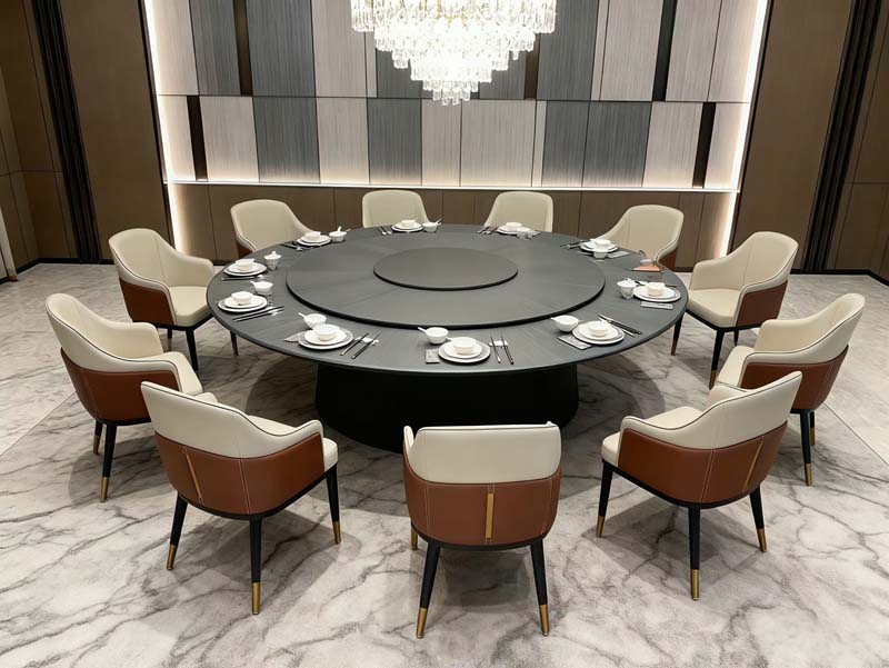 12-Seat Circular Dining Table Set with Central Lazy Susan and Upholstered Armchairs