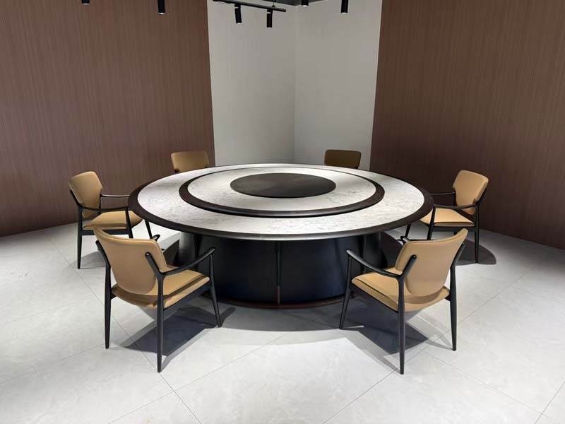 Round Dining Table with Lazy Susan and Six Upholstered Armchairs