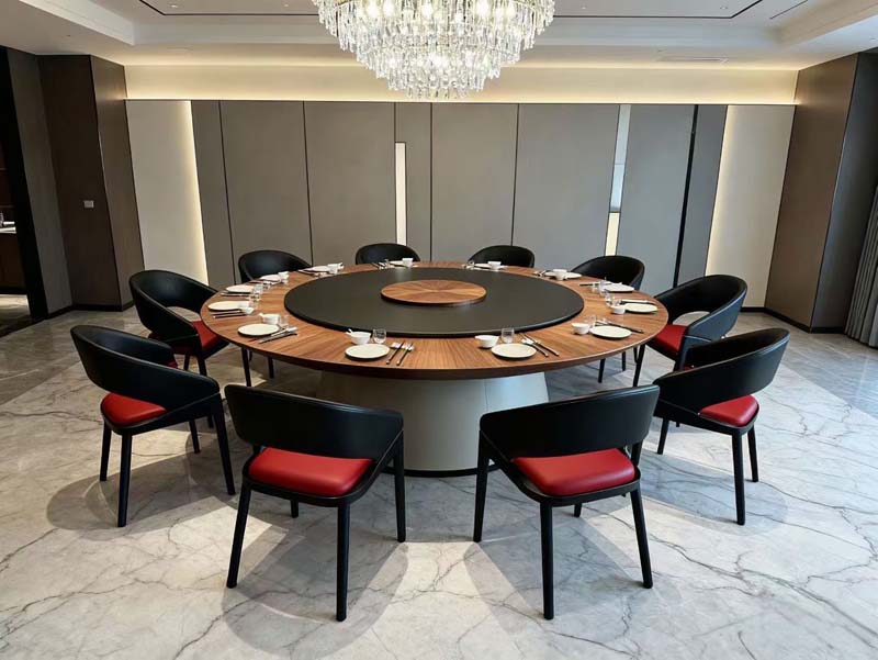 Round Banquet Dining Table with Twelve Upholstered Dining Chairs