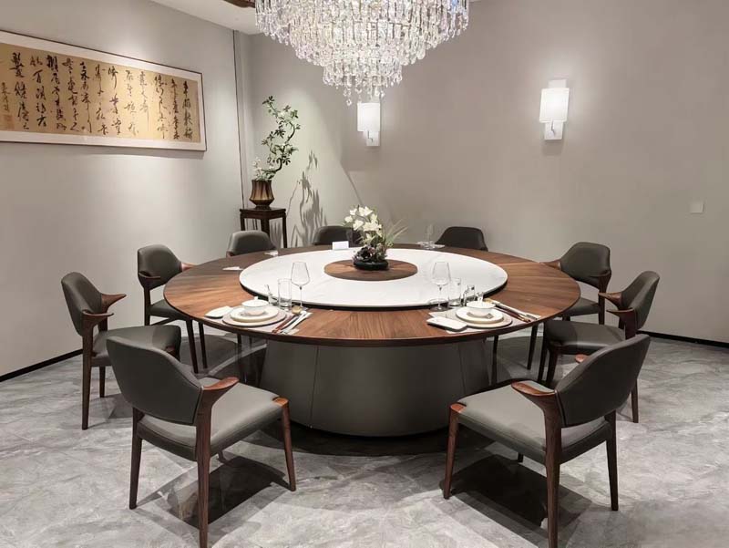 Round Dining Table with Lazy Susan and Ten Upholstered Dining Chairs