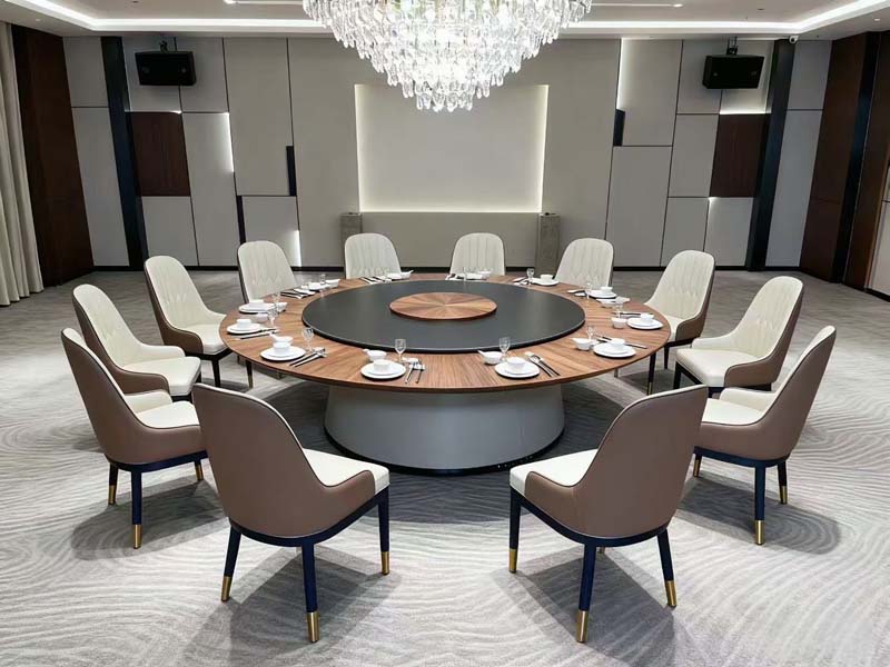 Twelve-seat round motorized lazy Susan banquet dining set with upholstered armchairs