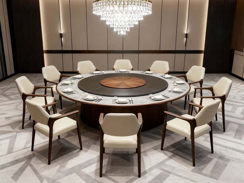 Round Banquet Dining Table with Lazy Susan and Twelve Upholstered Armchairs