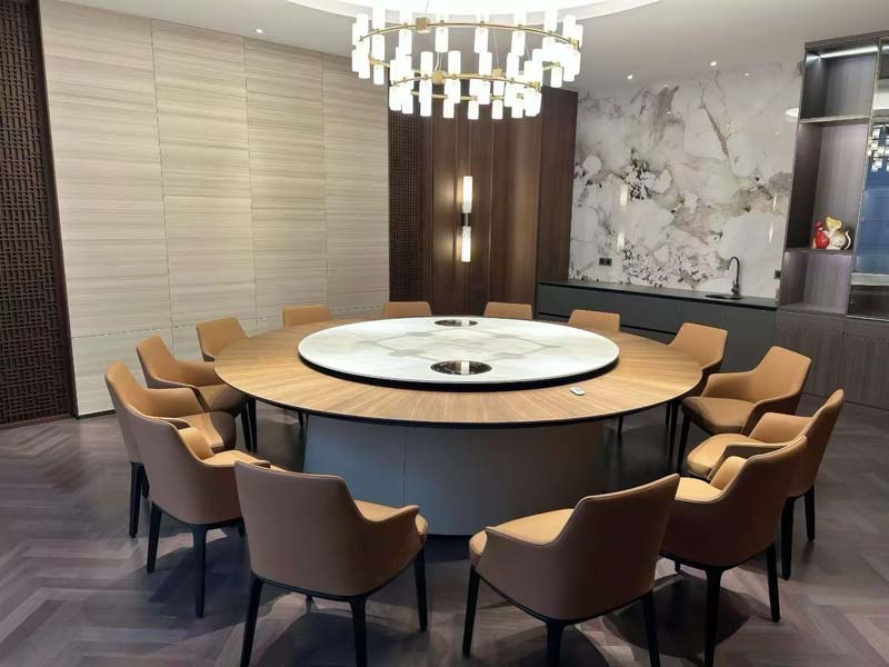Motorized Round Banquet Dining Table with 12 Upholstered Armchairs and Lazy Susan