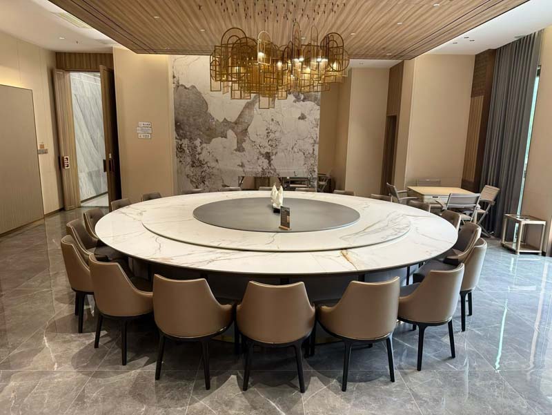 Large Round Marble Dining Table with Central Lazy Susan and Upholstered Chairs