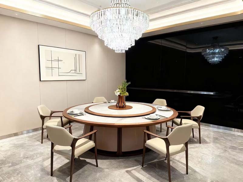 Eight-Seat Round Dining Table with Lazy Susan and Upholstered Armchairs