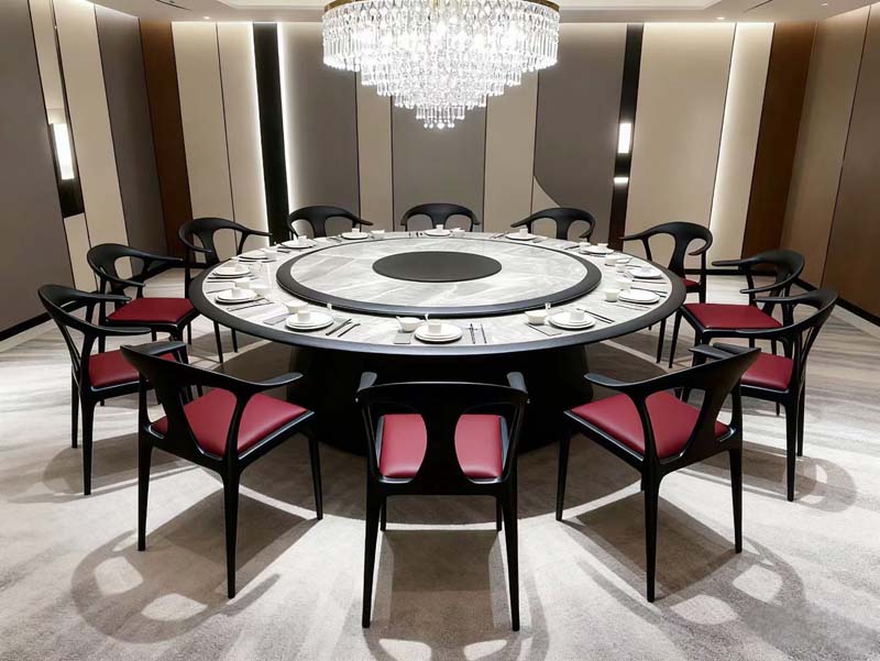 12-Seat Circular Marble Dining Banquet Table with Black Frame and Red Upholstered Armchairs