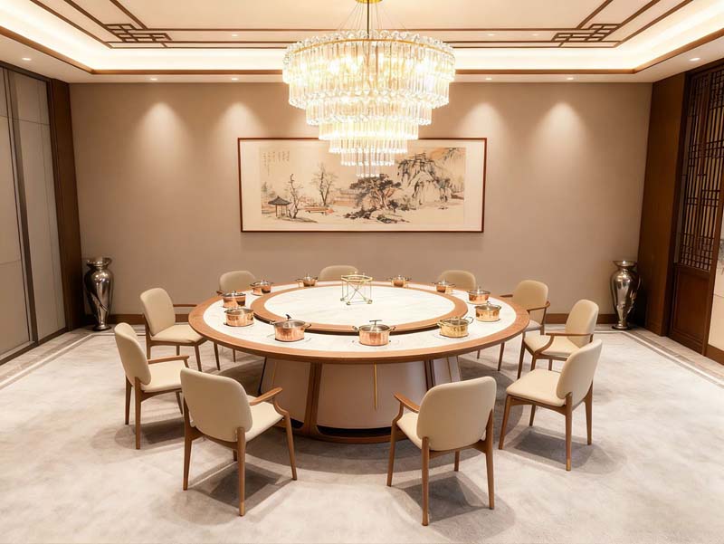 12-Seat Round Induction Hot Pot Dining Table with Lazy Susan and Upholstered Armchairs