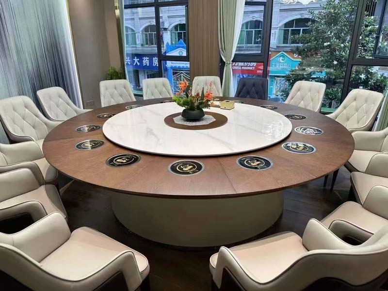 14-Seat Round Induction Hot Pot Dining Table with White Lazy Susan