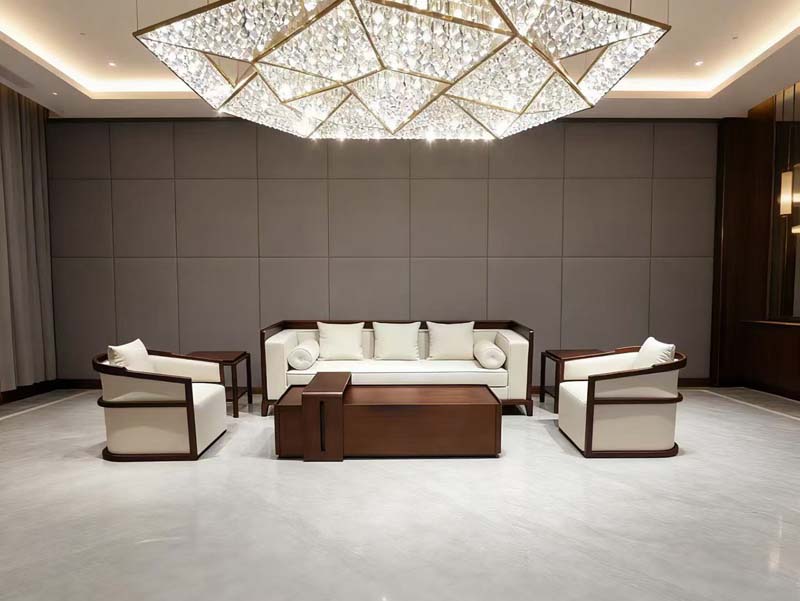 Three-Seat Lounge Sofa with Dark Wood Frame and Cream Upholstery