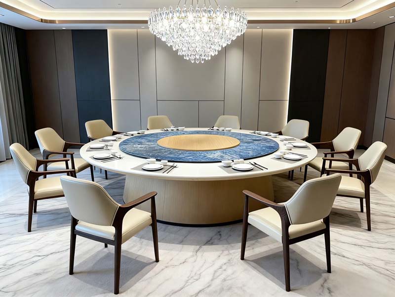 Motorized Round Banquet Dining Table with Blue Stone Lazy Susan and 12 Upholstered Armchairs